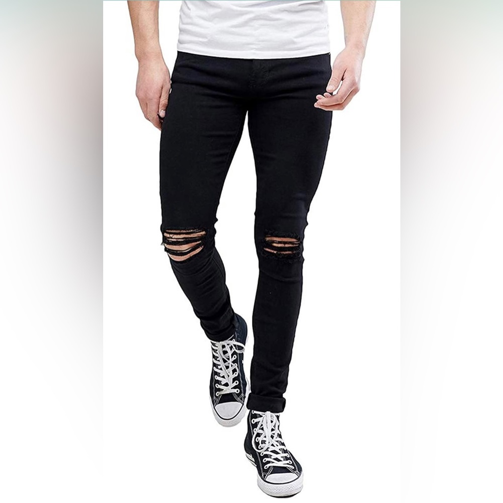 Ripped Stretchy Knee Holes Slim Tapered Leg Jeans Pants